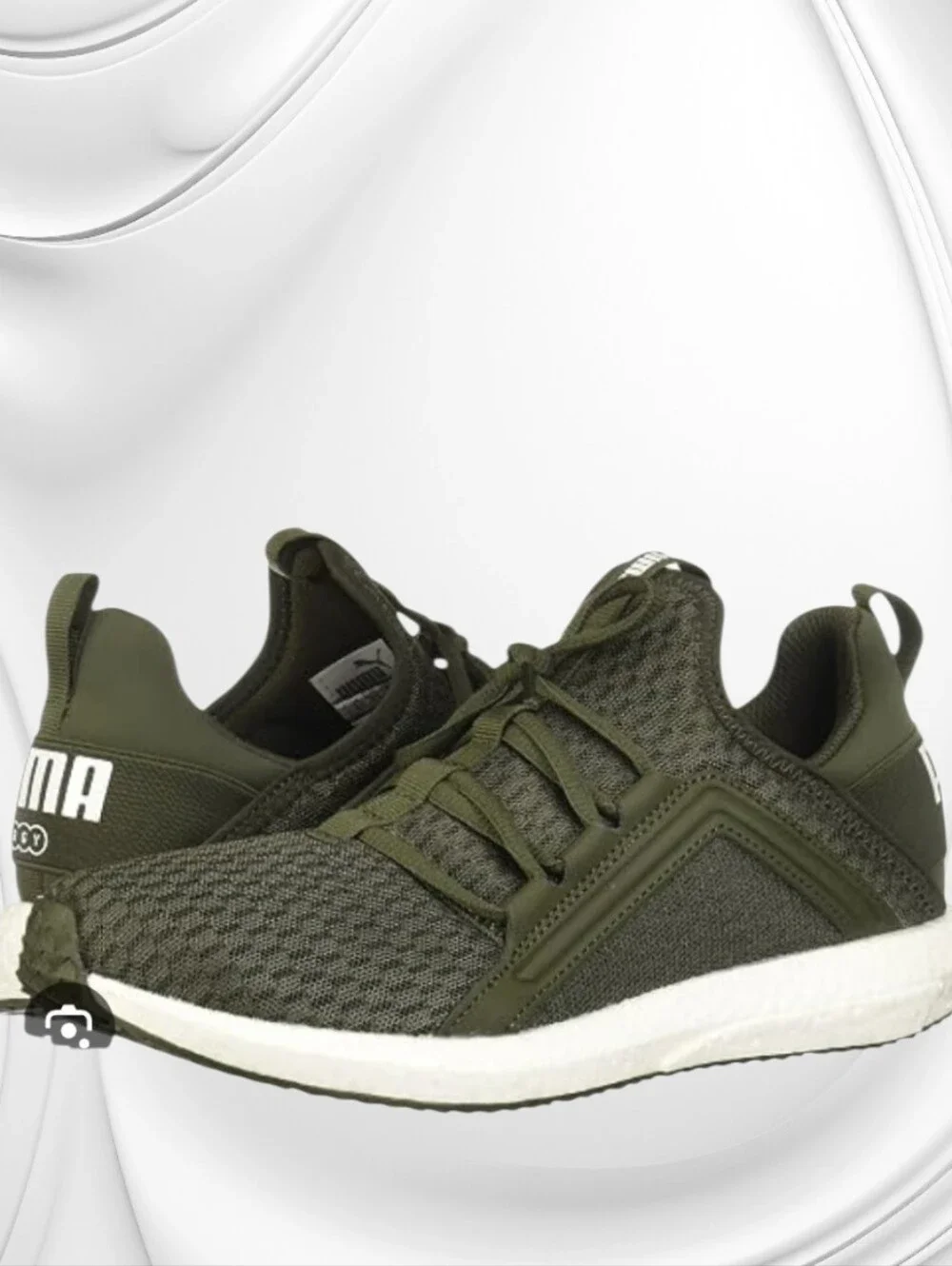Puma Olive Green Knit Lace-Up Women's Sneakers with White Sole